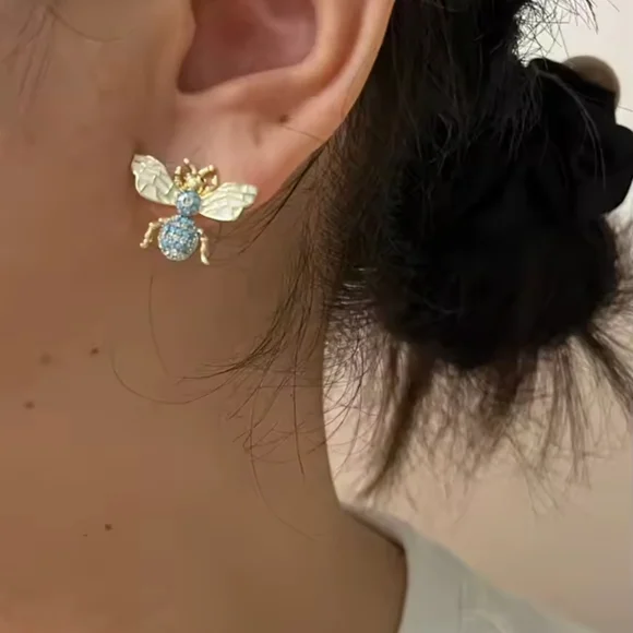 Gold Bee Earrings with Blue and White Accents - Picture 5 of 5